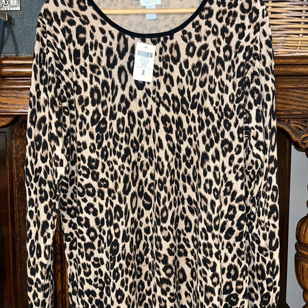 Chico's Beige and Black Leopard Print Crew Neck Sweater NEW!
